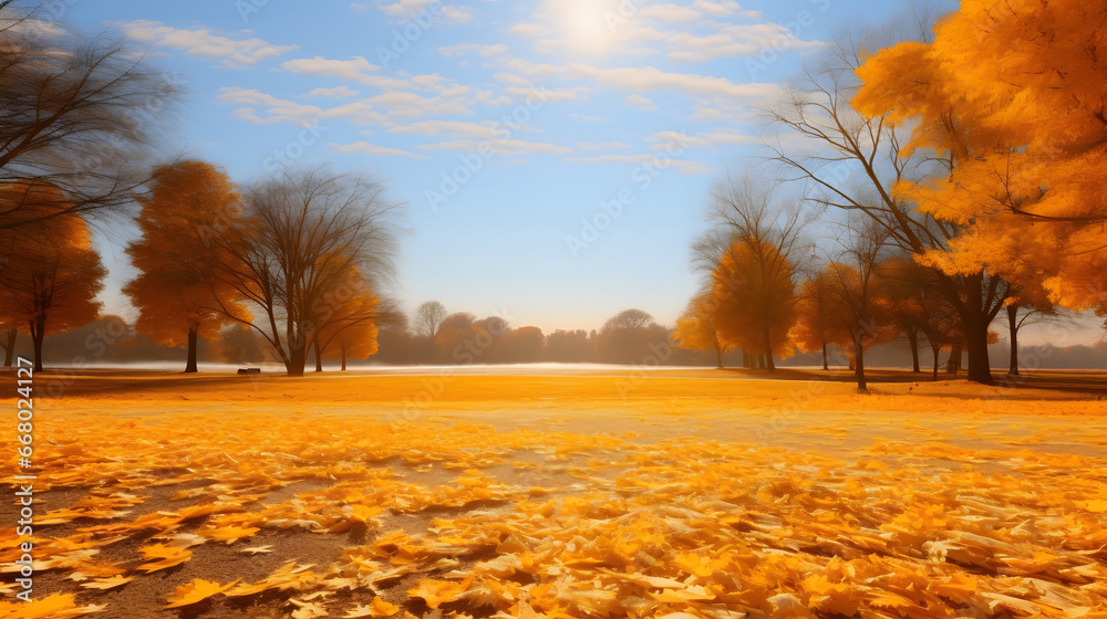 Beautiful bright colorful autumn landscape with a yellow leaves. Natural park with autumn trees on a bright sunny day