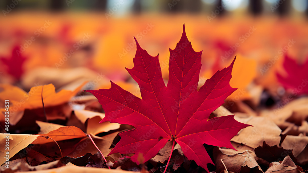 red maple leaves, Red autumn maple leaves laying on the forest ground