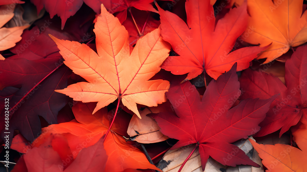 red maple leaves, Red autumn maple leaves laying on the forest ground