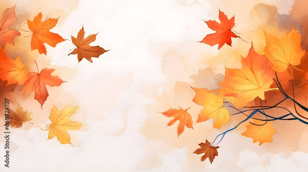 Watercolor abstract background autumn collection with maple and seasonal leaves. Hand painted watercolor natural art