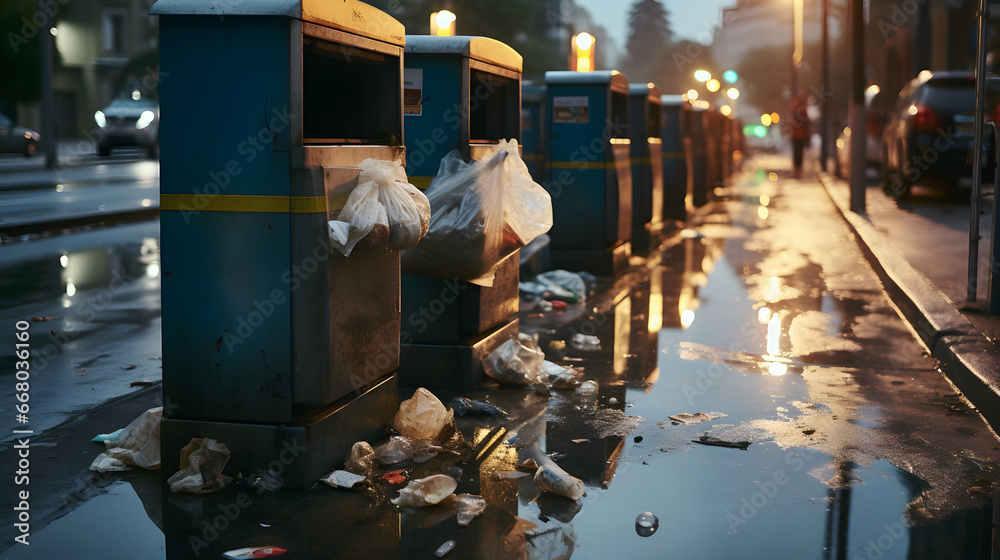 Overflowing trash cans polluting a street in the city