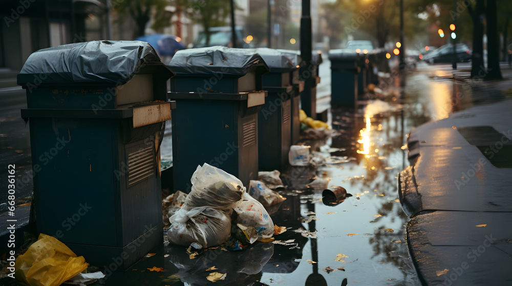 Overflowing trash cans polluting a street in the city