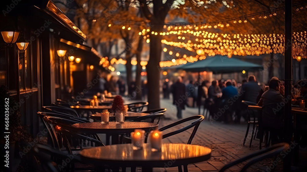 People have dinner in a street restaurant. Evening cafe with a warm garlands.