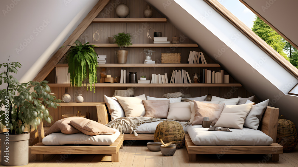 Scandinavian home interior design of modern living room in attic with lining ceiling.