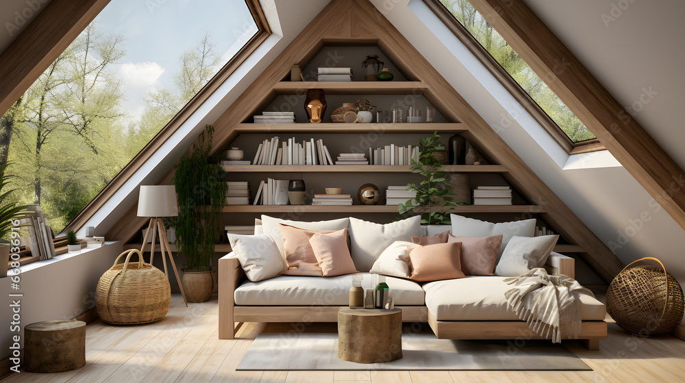 Scandinavian home interior design of modern living room in attic with lining ceiling.