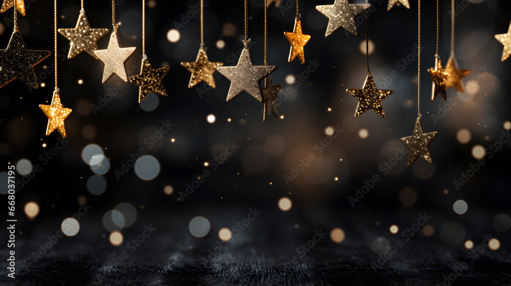 merry christmas background, Swinging gold christmas stars with snowflakes over light spots on black background