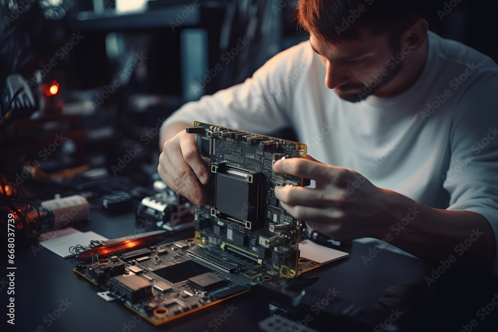 The technician repairing the computer, computer hardware, repairing, upgrade and technology,