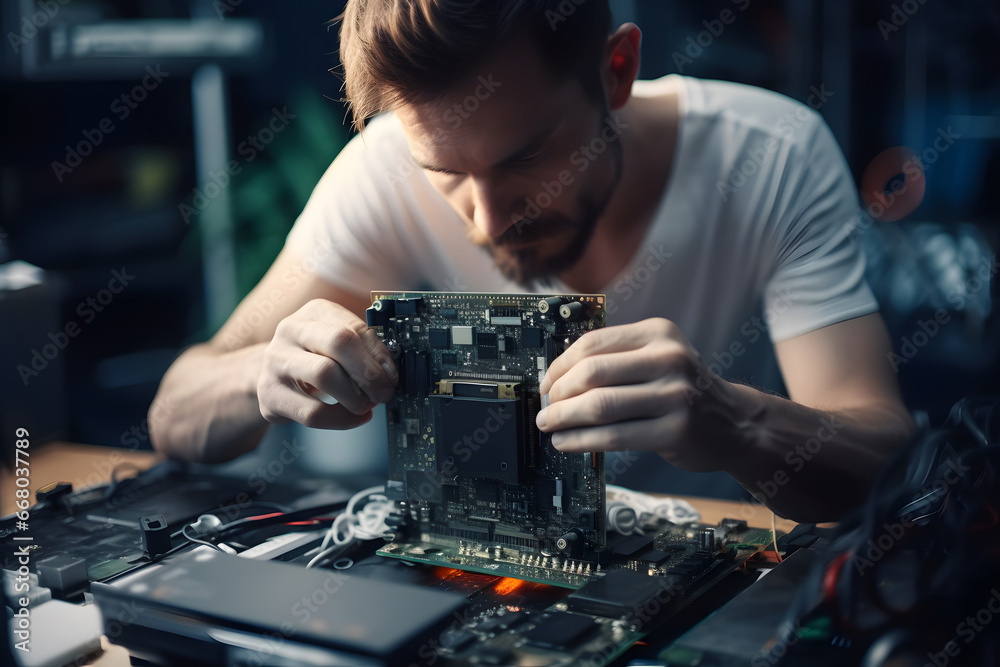 The technician repairing the computer, computer hardware, repairing, upgrade and technology,