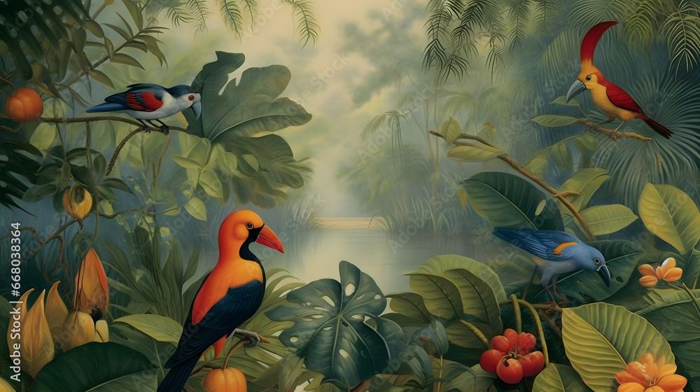 Wallpaper jungle and leaves tropical forest mural river and birds butterflies, vintage digital painting illustration