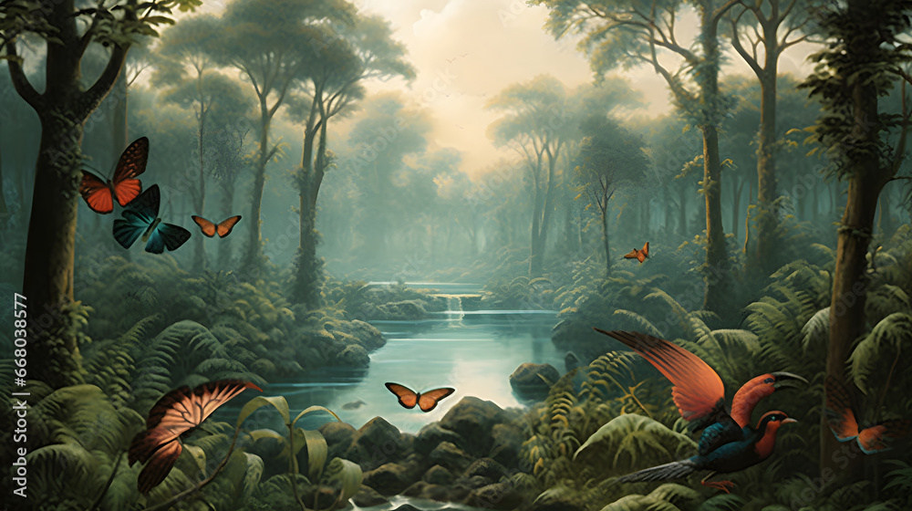 Wallpaper jungle and leaves tropical forest mural river and birds butterflies, vintage digital painting illustration