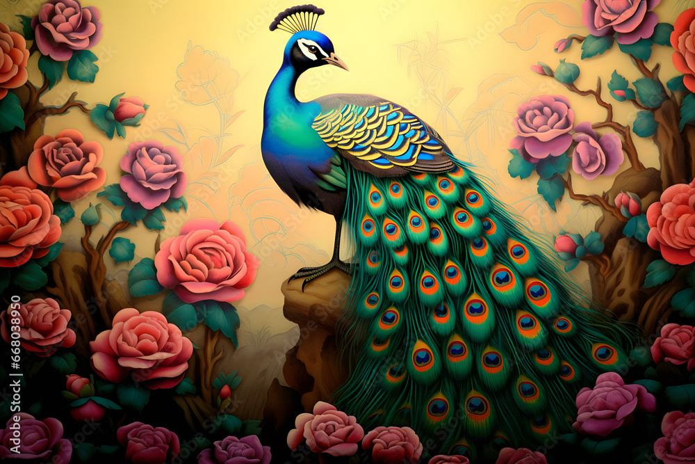 Wallpaper painting of a peacock bird in bright, digital painting