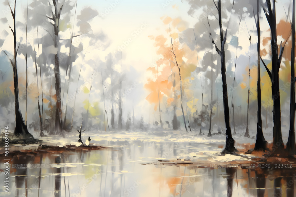 Watercolor drawing forest landscape of dry trees in autumn with birds and fog background, digital painting