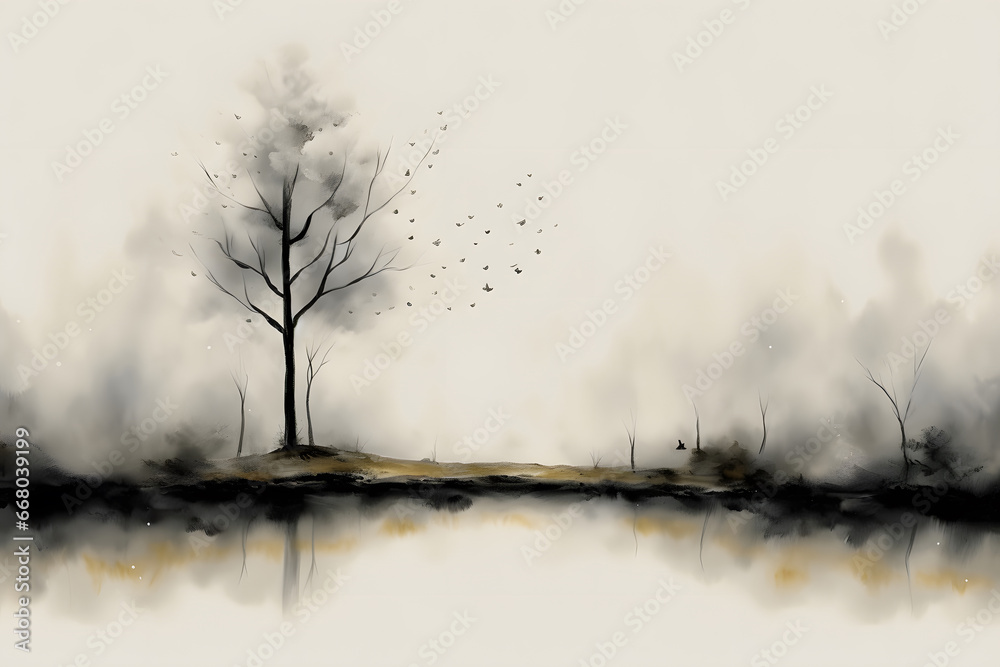 Watercolor drawing forest landscape of dry trees in autumn with birds and fog background, digital painting