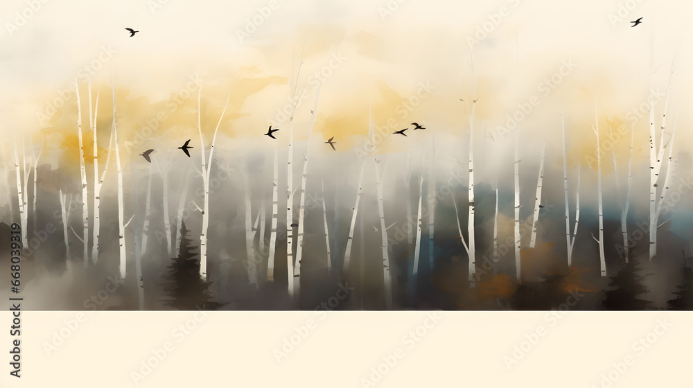 Watercolor drawing forest landscape of dry trees in autumn with birds and fog background, digital painting