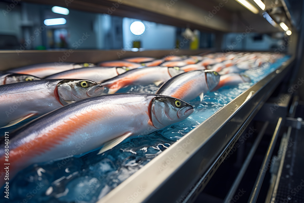 A conveyor belt in a fish processing factory with a line of fresh trout, fresh fish