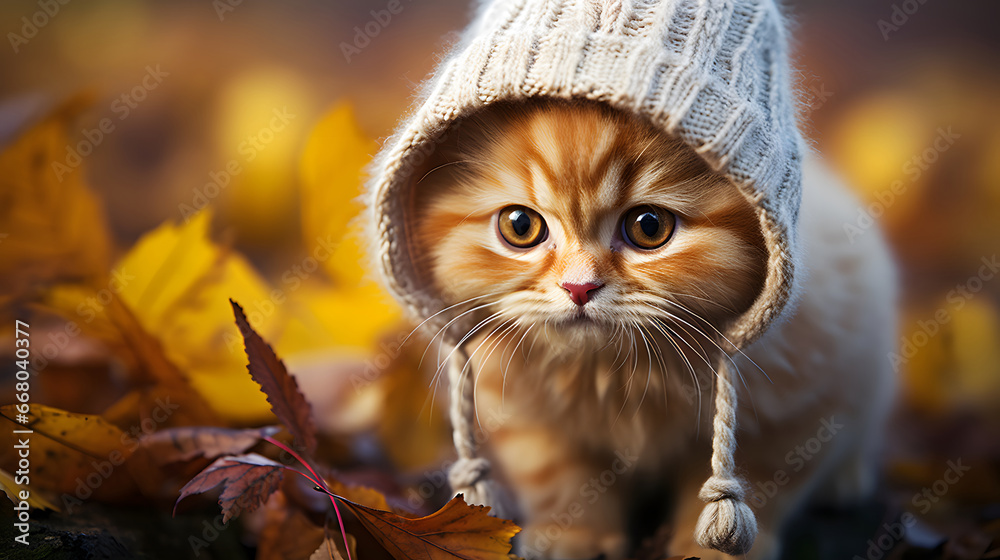 cat in autumn, A cute little kitten is wearing a hat, posing in an autumn park 