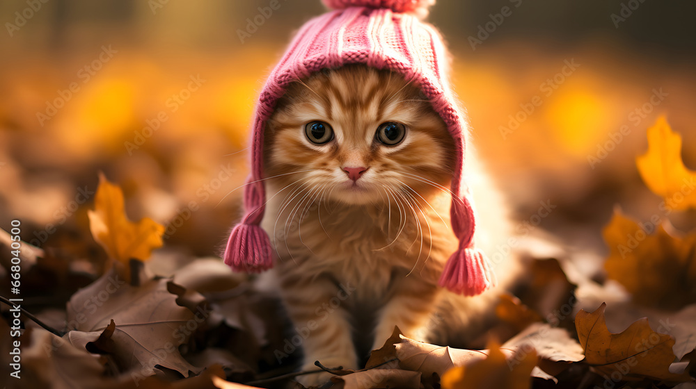 cat in autumn, A cute little kitten is wearing a hat, posing in an autumn park 