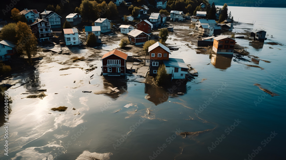 Aerial View of houses flooded caused by Climate Change, Town City under water, top view flooded city