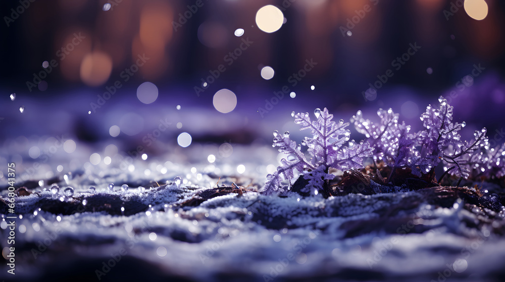 Abstract snowflake and purple bokeh particles floating illustration purple background. white particles on purple  background with cinematic atmosphere. 