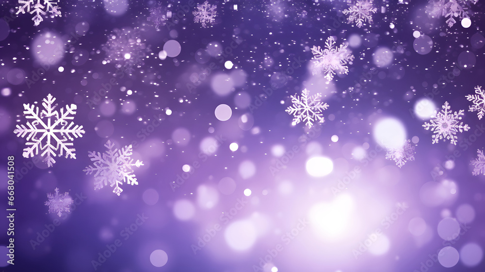 Abstract snowflake and purple bokeh particles floating illustration purple background. white particles on purple  background with cinematic atmosphere. 