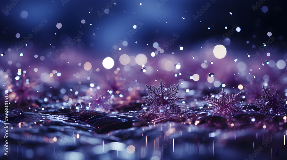 Abstract snowflake and purple bokeh particles floating illustration purple background. white particles on purple  background with cinematic atmosphere. 