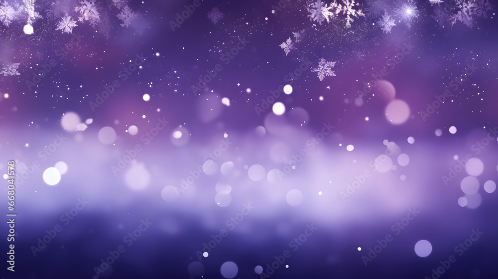 Abstract snowflake and purple bokeh particles floating illustration purple background. white particles on purple  background with cinematic atmosphere. 