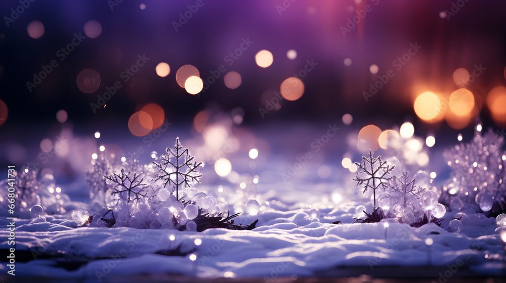 Abstract snowflake and purple bokeh particles floating illustration purple background. white particles on purple  background with cinematic atmosphere. 