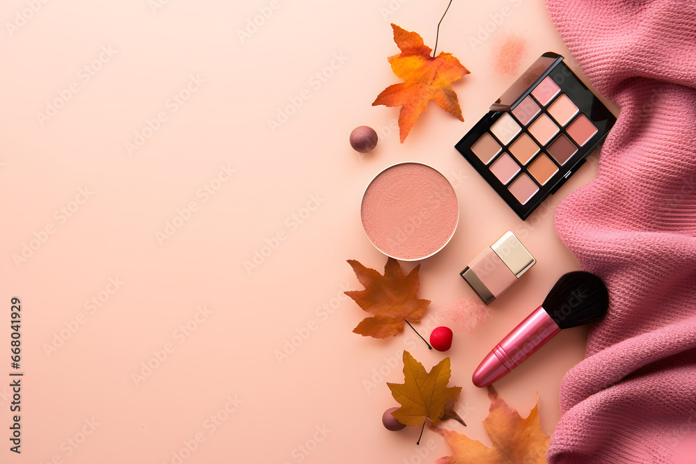 make up brushes and palette, Autumn beauty background. Make - up products, knitted sweater and autumn leaves at pastel background.  top view, copy space