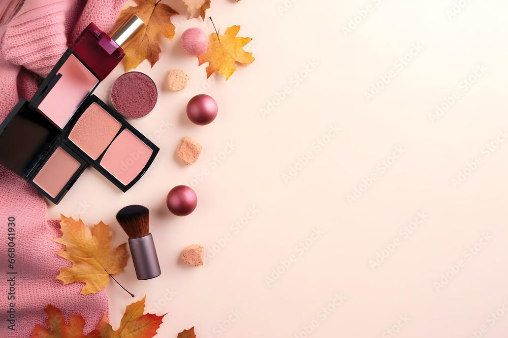 make up brushes and palette, Autumn beauty background. Make - up products, knitted sweater and autumn leaves at pastel background.  top view, copy space