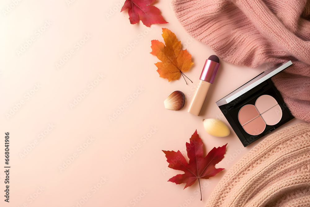 make up brushes and palette, Autumn beauty background. Make - up products, knitted sweater and autumn leaves at pastel background.  top view, copy space