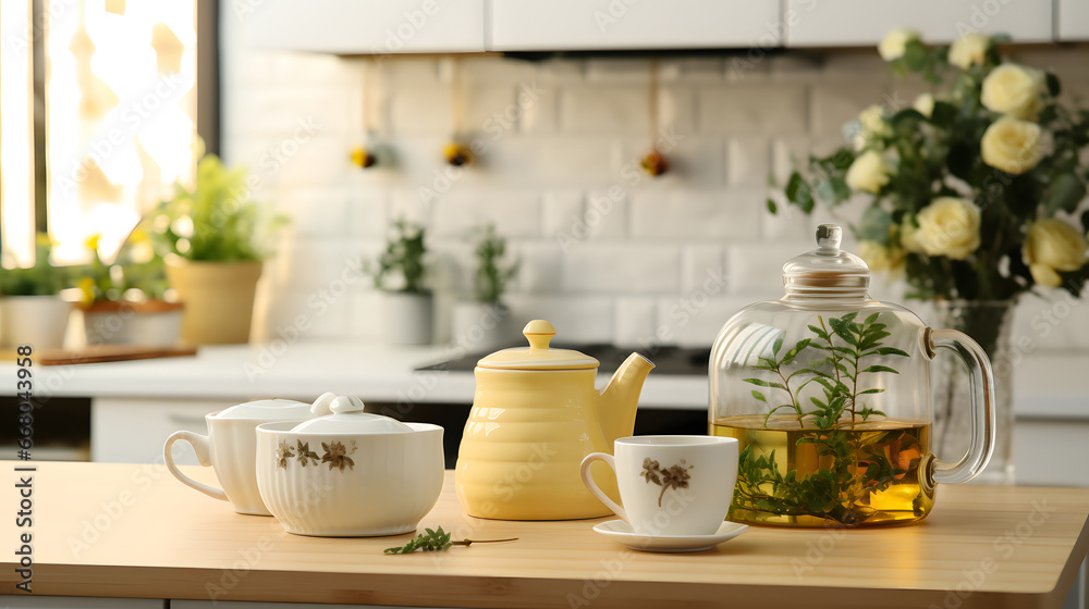 Interior of light kitchen with teapot, cup and snacks on table, minimalist style