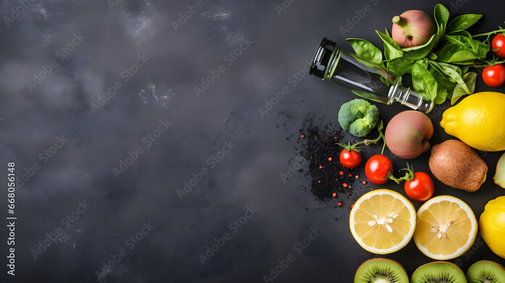 Healthy lifestyle, food and sport concept. Top view of athletes equipment Weight Scale measuring tape green dumbbell, sport water bottles, fruit and vegetables on gray background.