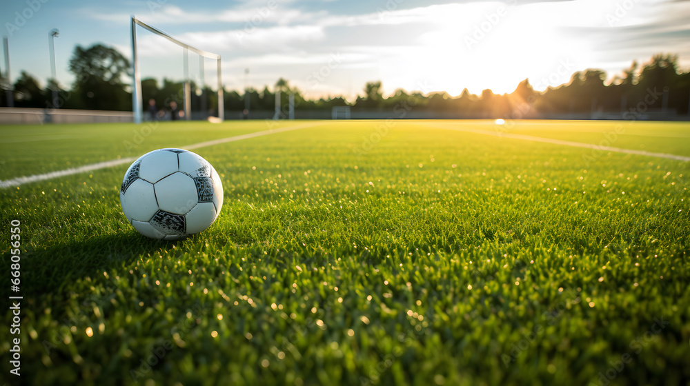 soccer ball on grass,   Corner  of a soccer field goal with white markers,  Corner Kick