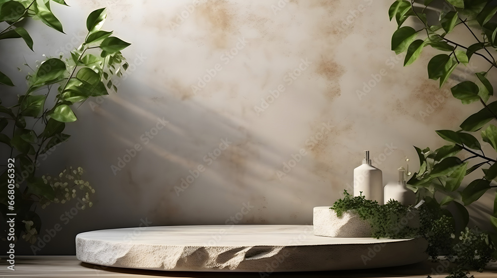 Original template for spa product presentation. Pedestal of marble slabs and branches with green leaves against background of wall in bathroom with masonry in light beige colors