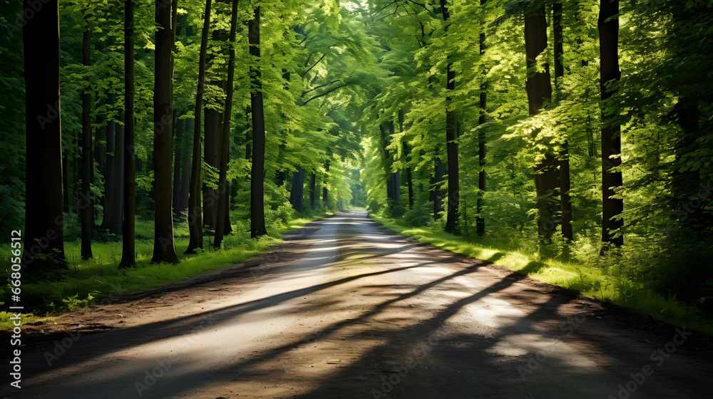 Path footpath in the deciduous forest in spring in the summer in the morning sun. Young lush green trees in the forest.