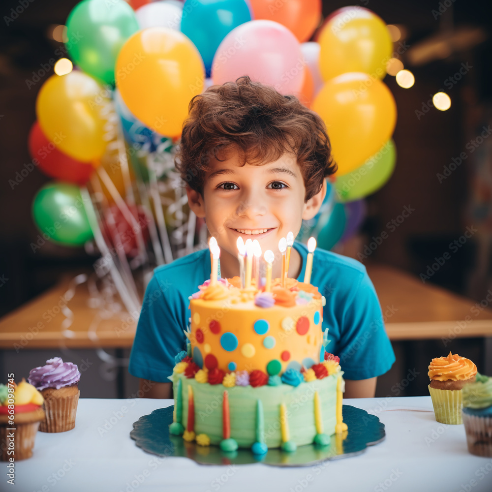 unusual cake with candles for a boys birthday with balloons on background