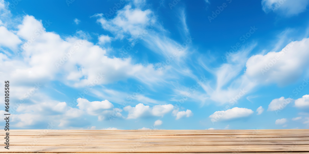 Wood table mockup with blue cloudy sky background. Empty copy space for product presentation. Generative AI