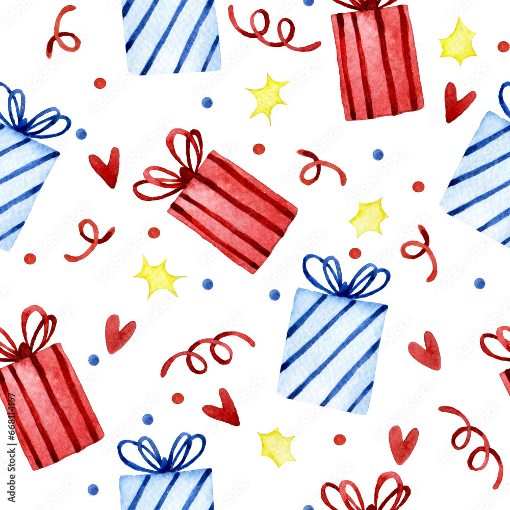 watercolor seamless Christmas holiday pattern with gifts salutes and fireworks. new year, birthday