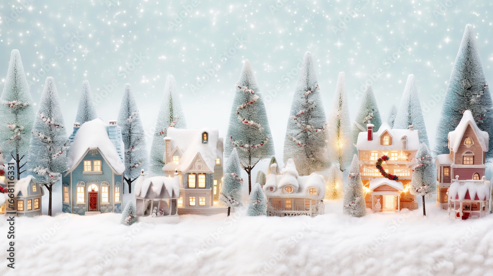 Winter cute town with snow-covered street and cozy houses. Town landscape background, greeting card. Generative AI