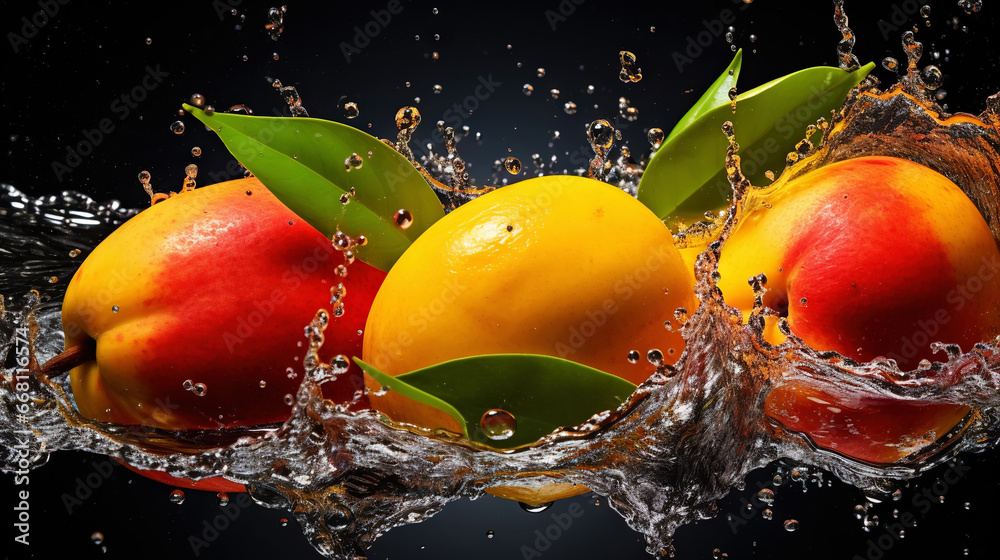 Fresh mangoes with water splashes on black background. Generative AI