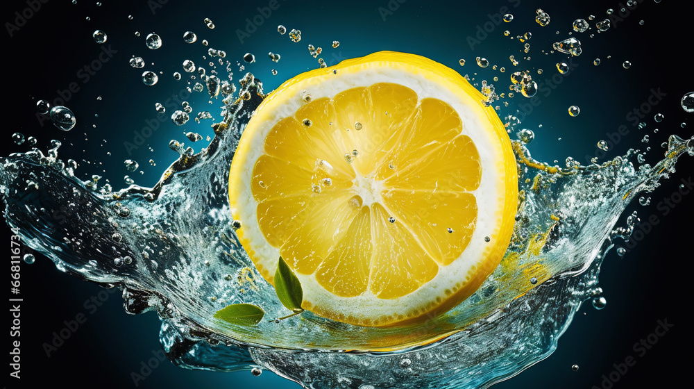 Fresh lemon with water splashes on dark background. Generative AI