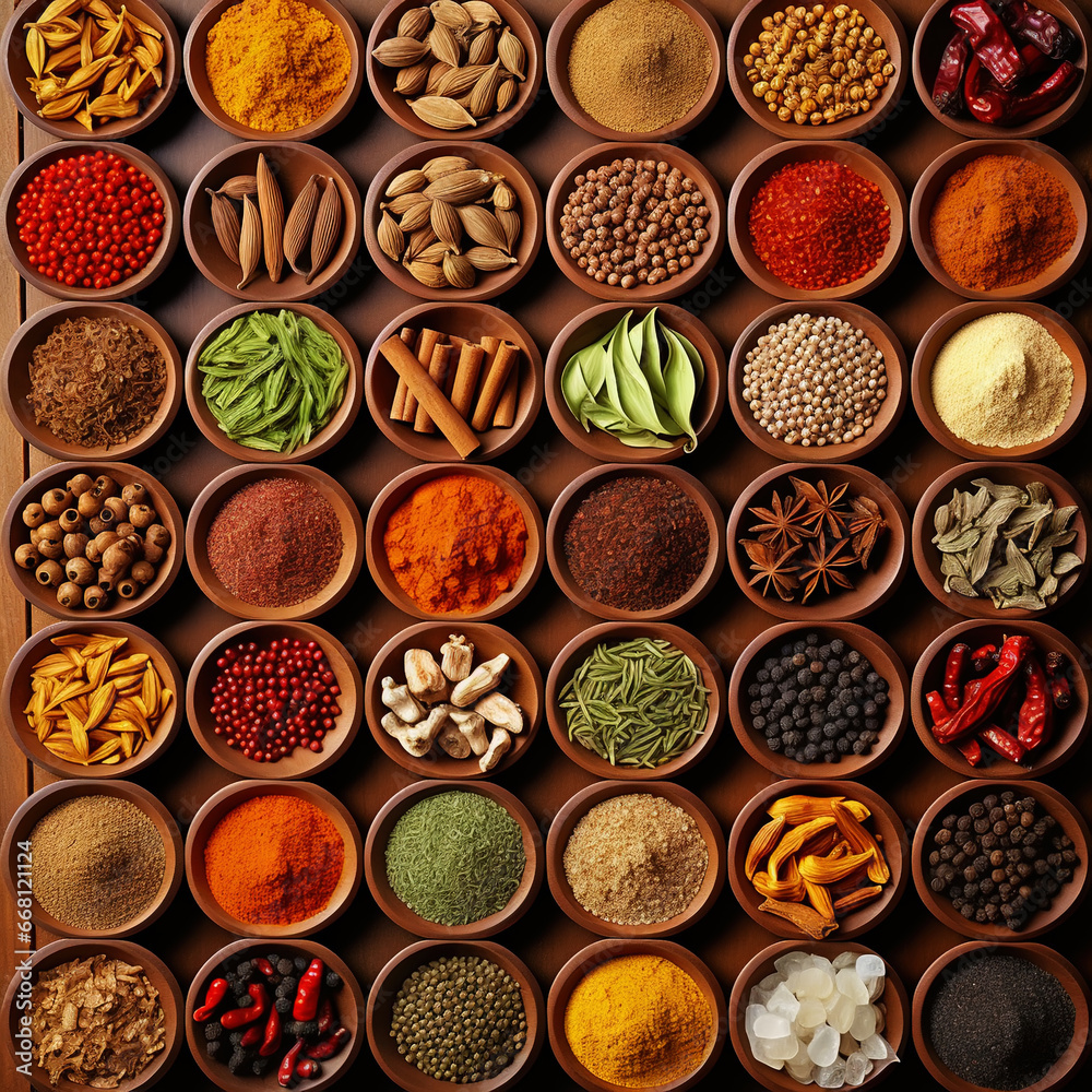 Collection of different aromatic spices and seeds in a wooden cells on black background, view from above. Generative AI