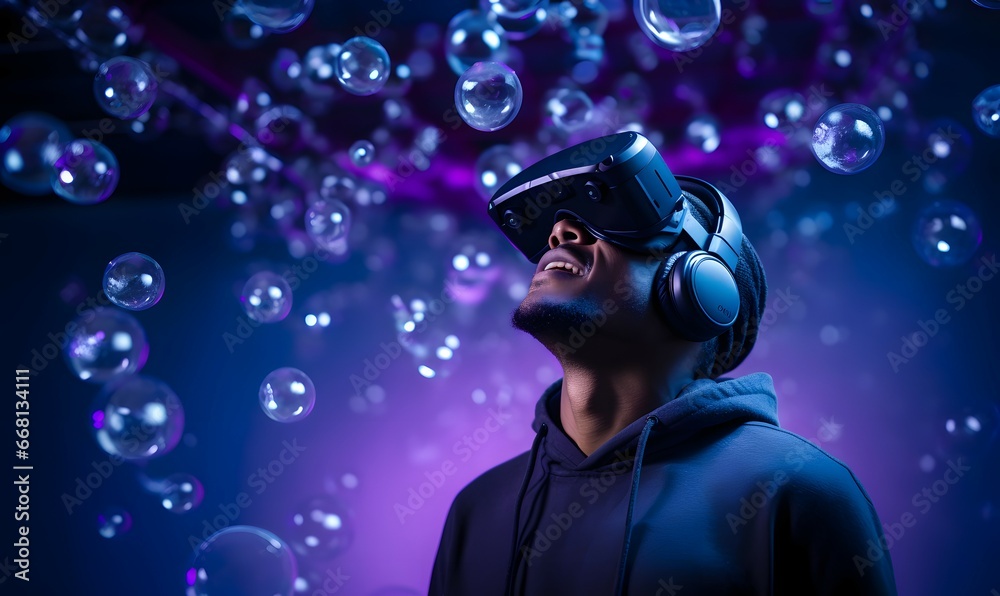 man wearing vr goggles interacting with bubbles in virtual space