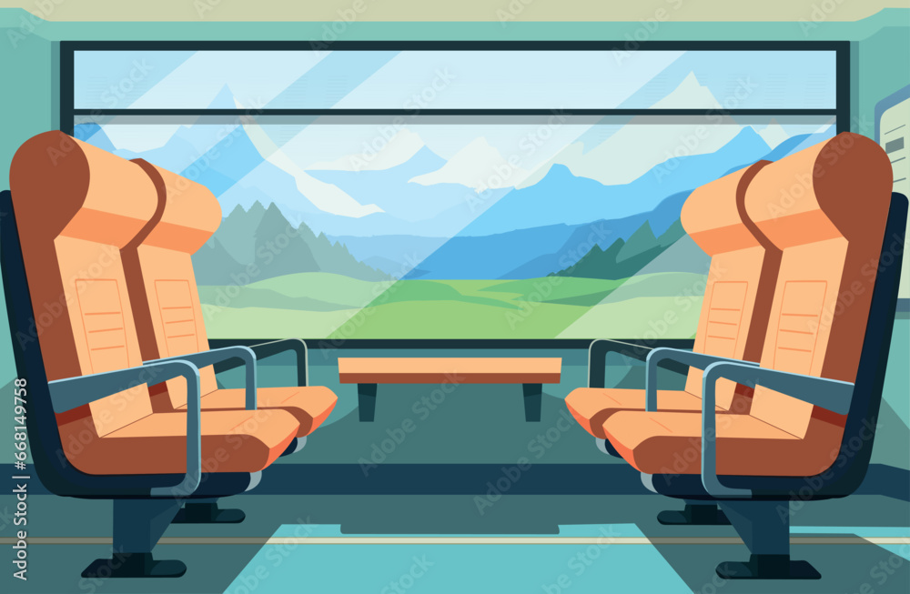 Train car interior in flat style. Cartoon seat in railway transport. Travel and transportation by train. Vector stock