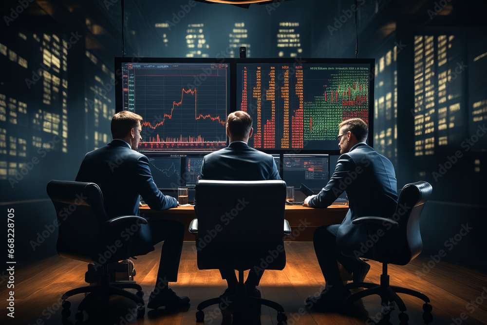 Two men in suits sitting at desk in front of computer screen.