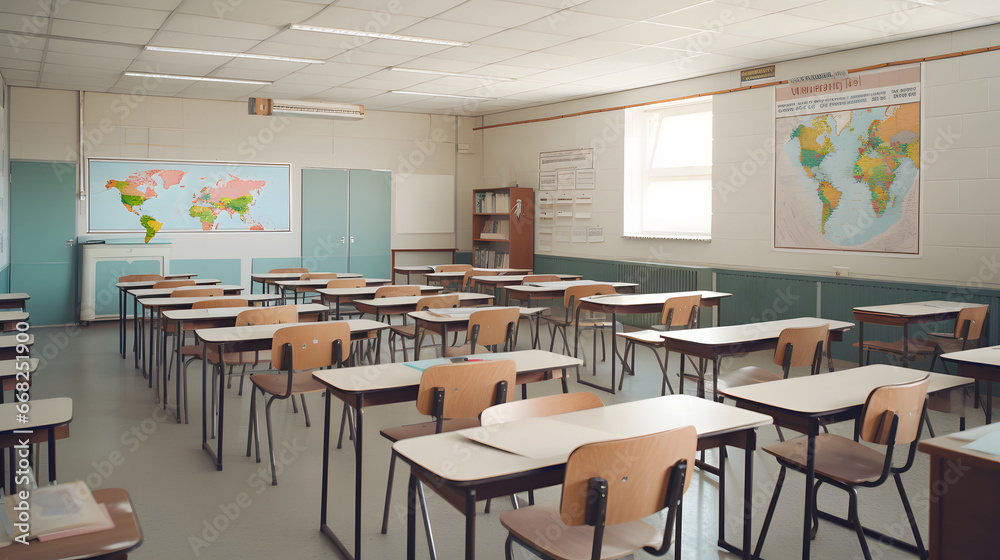 Empty Classroom interior. Back to school concept in high school. classroom of a daycare center without children and teacher