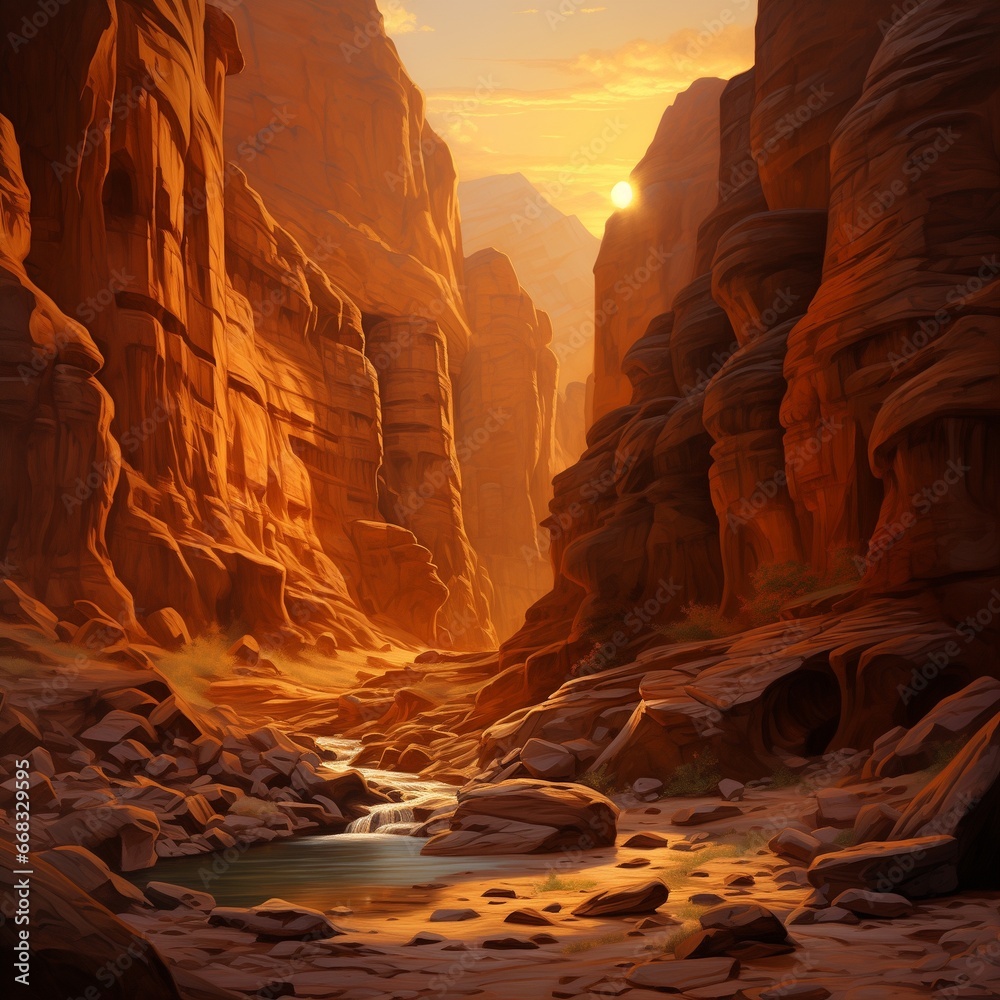 Golden Canyons at Sunset. Generative AI