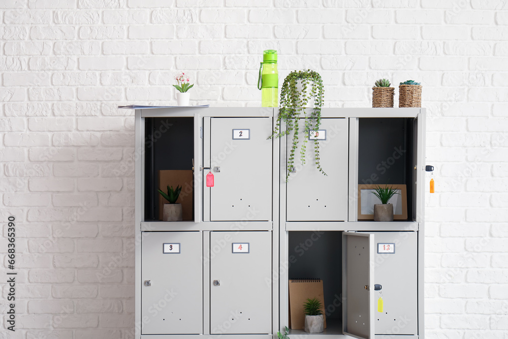 Modern locker with plants near white brick wall