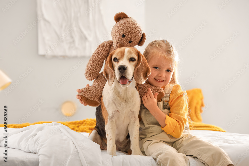 Cute little girl with toy bear and Beagle dog in bedroom