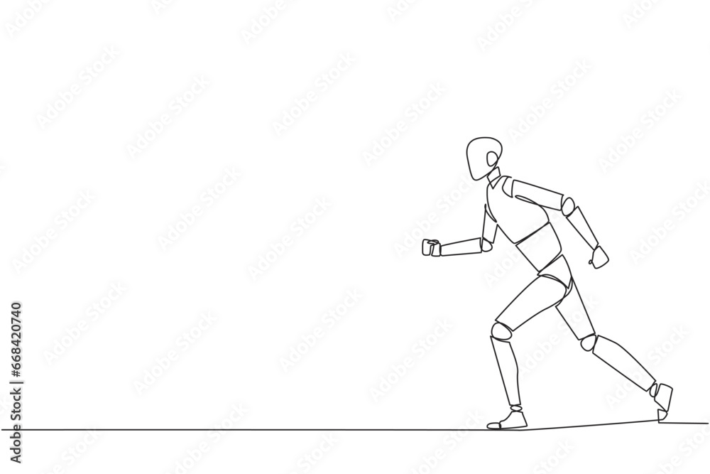 Single one line drawing smart robotic doing light exercise. Running aims to maintain heart health. The robot with healthy life style. Good mental. AI tech. Continuous line design graphic illustration